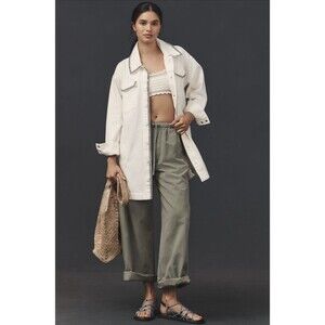 Anthropologie Pilcro Denim Shacket Jacket Ivory Tillie Relax Whipstitch Large NW